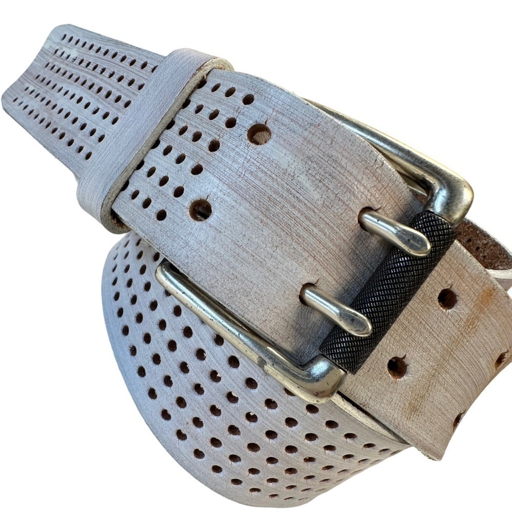 Vintage Y2K White Antiqued Punched Leather Belt
